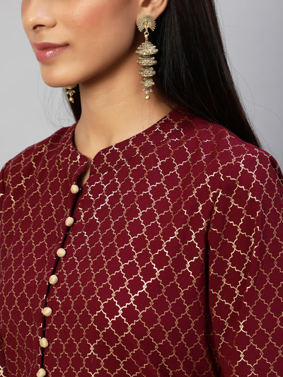 Maroon Foil Printed A-Line Kurta