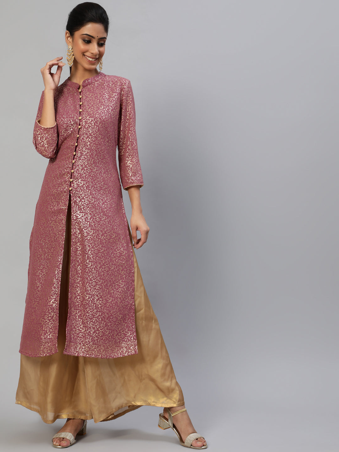 Mauve Gold Foil Print High Slit Kurta