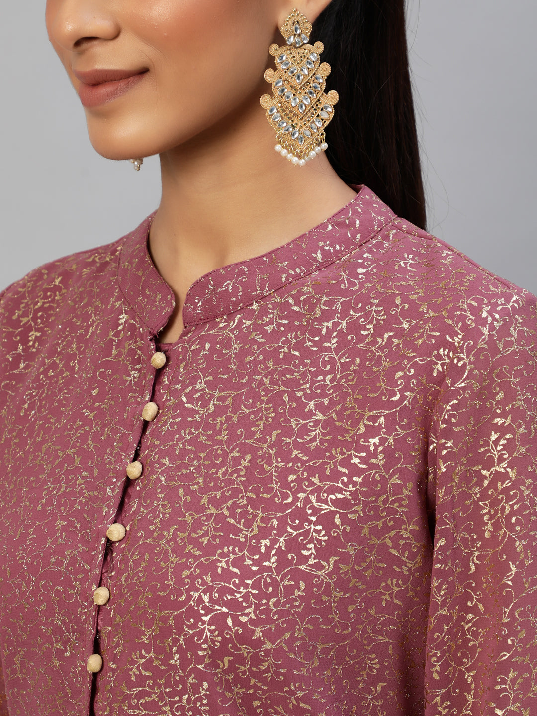 Mauve Gold Foil Print High Slit Kurta