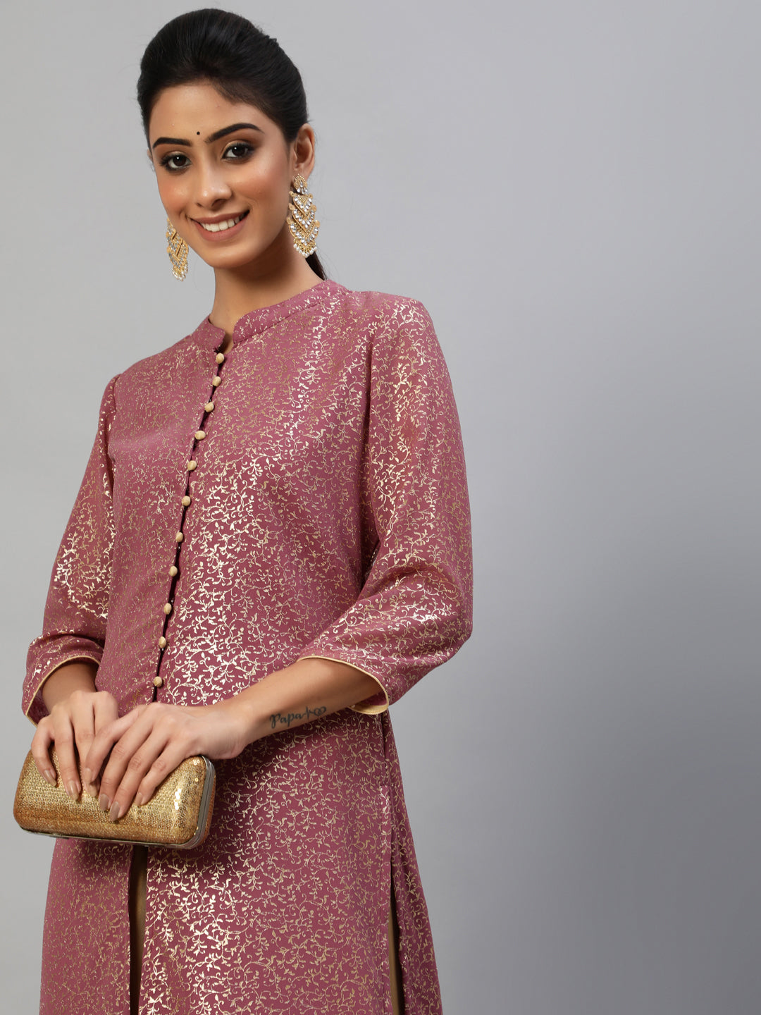 Mauve Gold Foil Print High Slit Kurta