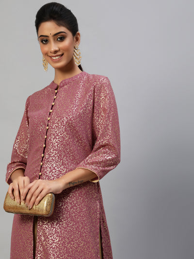 Mauve Gold Foil Print High Slit Kurta