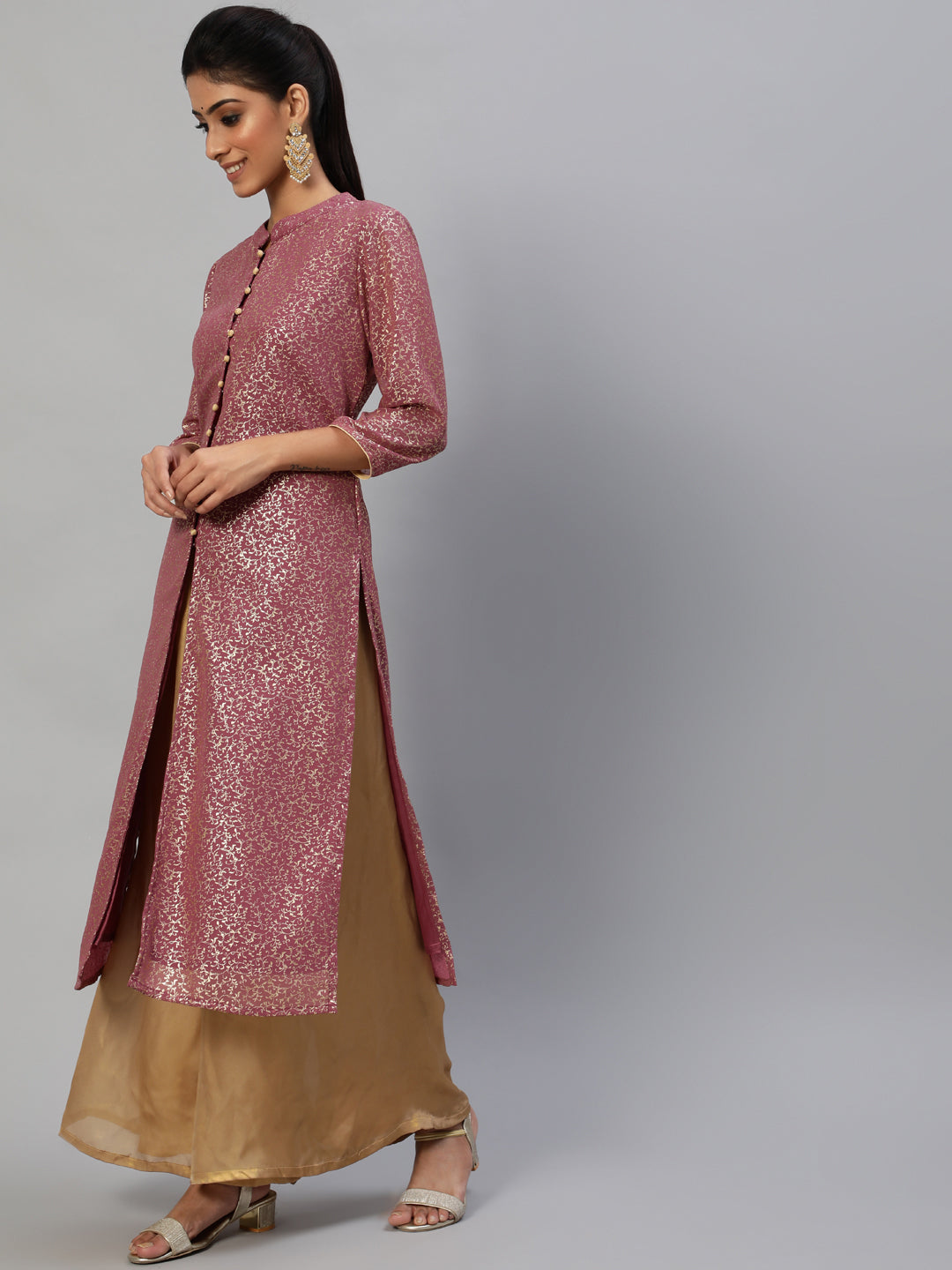 Mauve Gold Foil Print High Slit Kurta