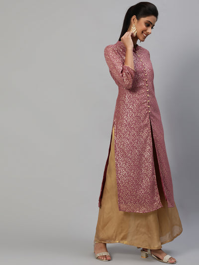 Mauve Gold Foil Print High Slit Kurta