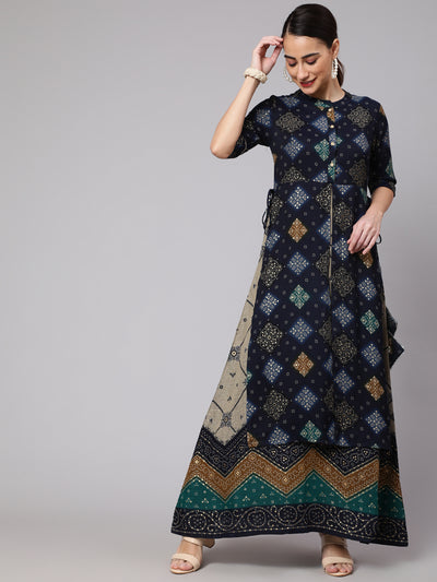 Navy Blue Bandhani Print Layered Maxi Dress