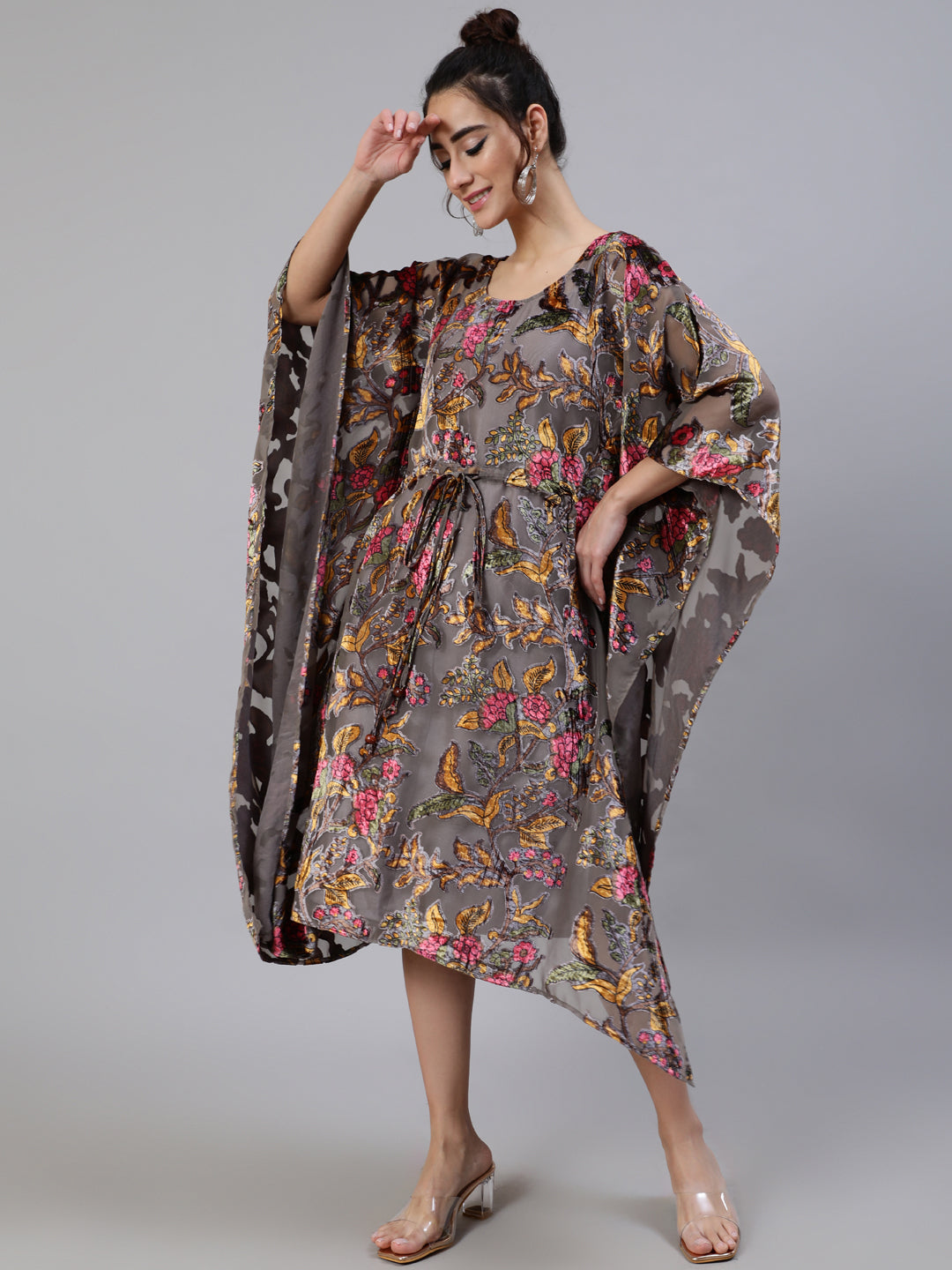 Grey Floral Print Kaftan Dress with Waist Tie-Up