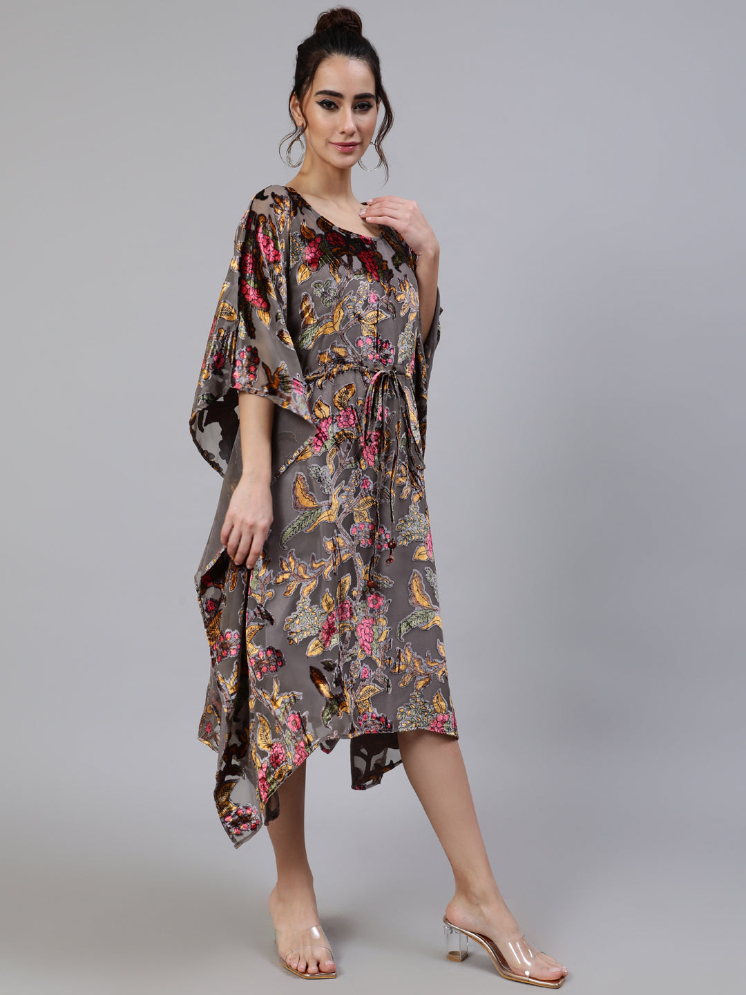 Grey Floral Print Kaftan Dress with Waist Tie-Up