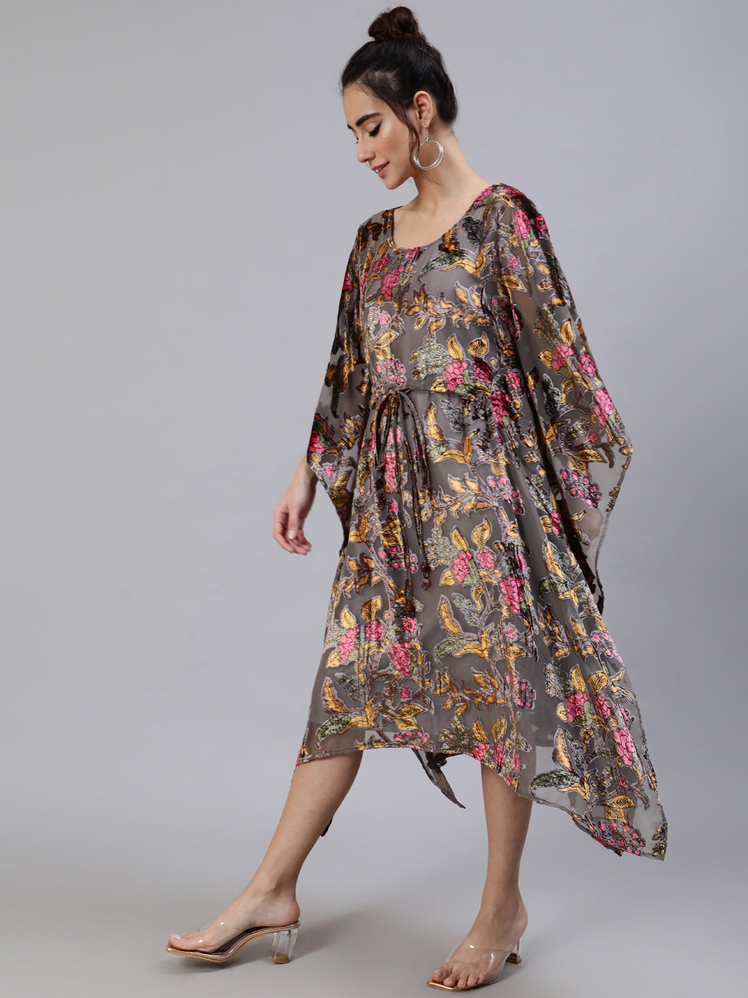 Grey Floral Print Kaftan Dress with Waist Tie-Up