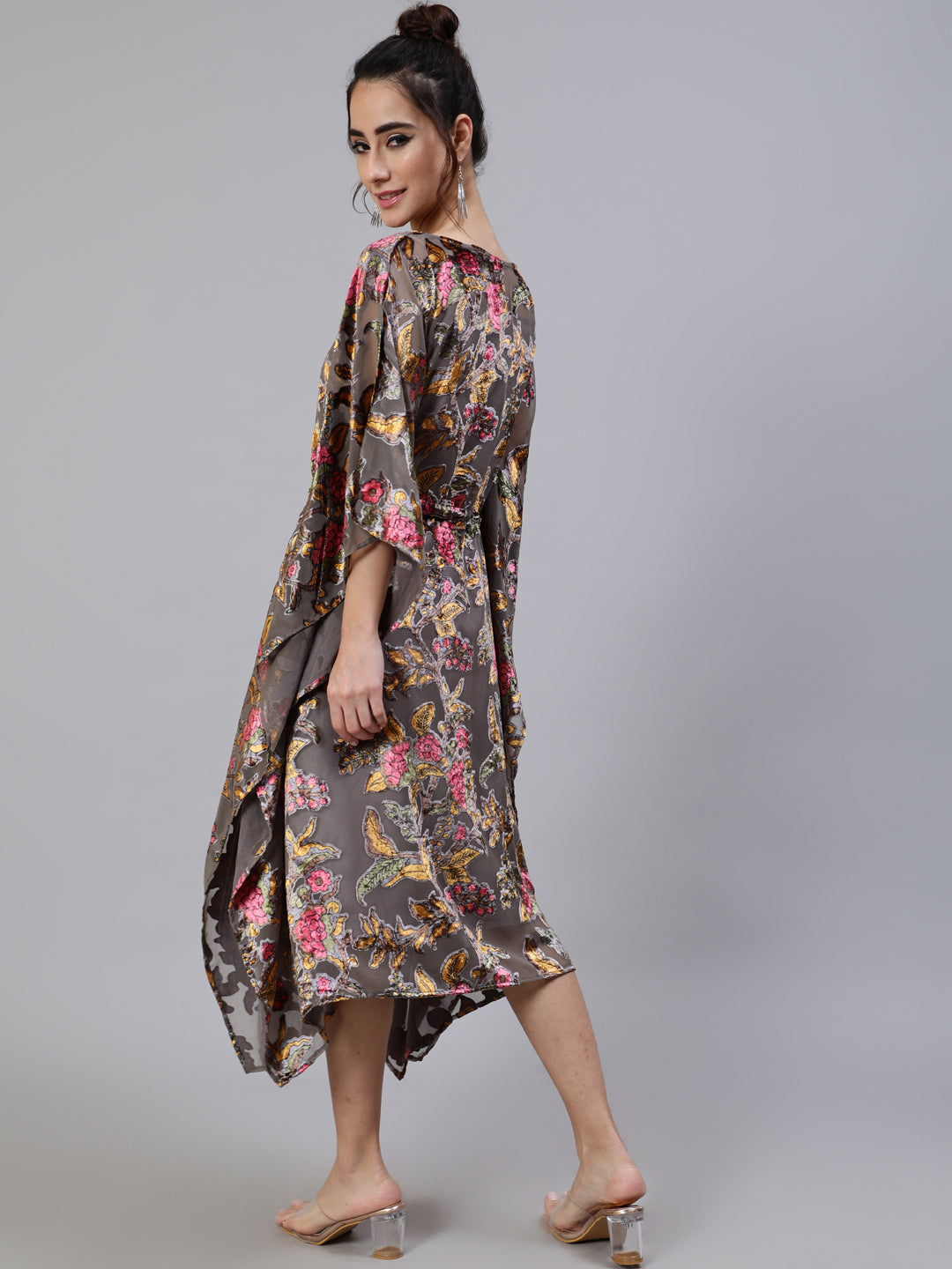 Grey Floral Print Kaftan Dress with Waist Tie-Up