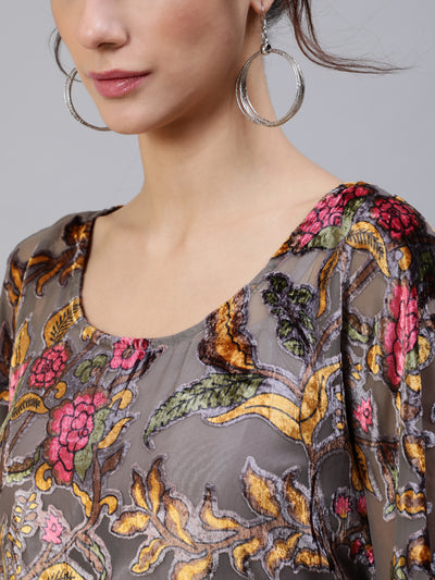 Grey Floral Print Kaftan Dress with Waist Tie-Up