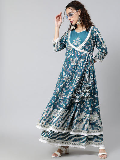 Blue Floral Print Layered Maxi Dress