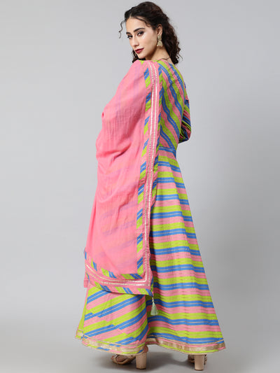 Pink & Green Leheriya Print Maxi Dress With Dupatta