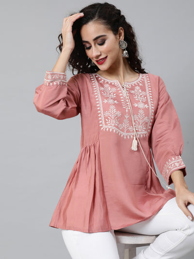 Rose Gold Embroidered Gathered Tunic
