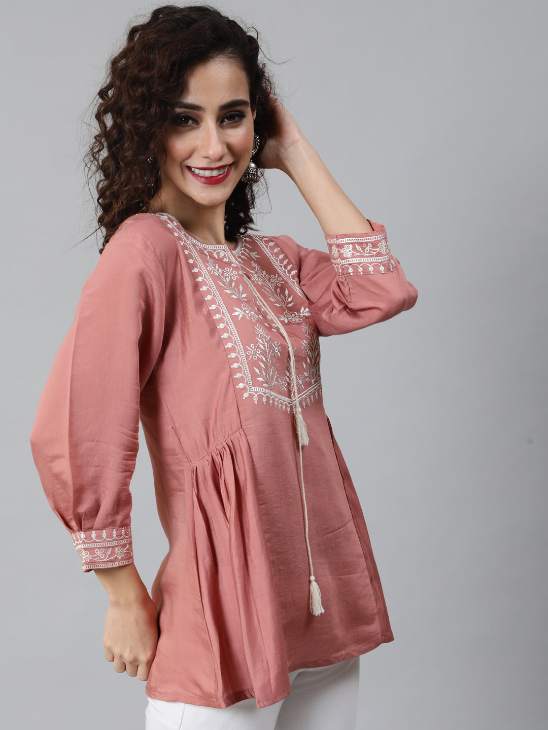 Rose Gold Embroidered Gathered Tunic