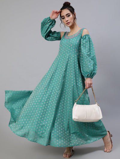 Green Embroidered Flared Maxi Dress