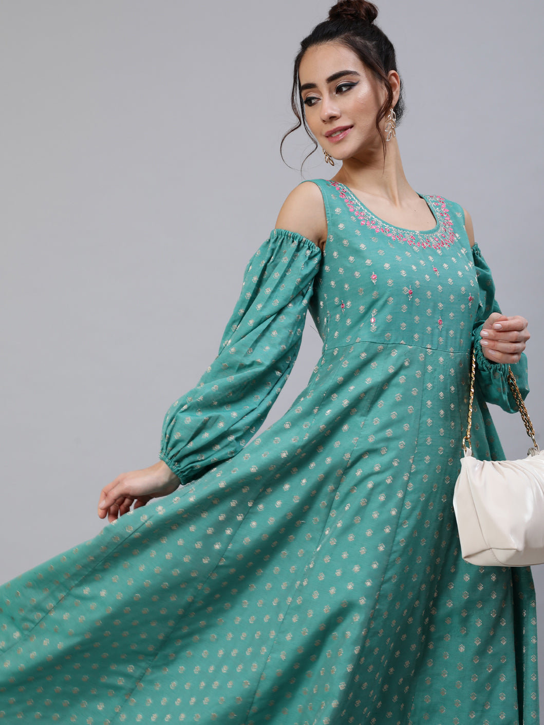 Green Embroidered Flared Maxi Dress