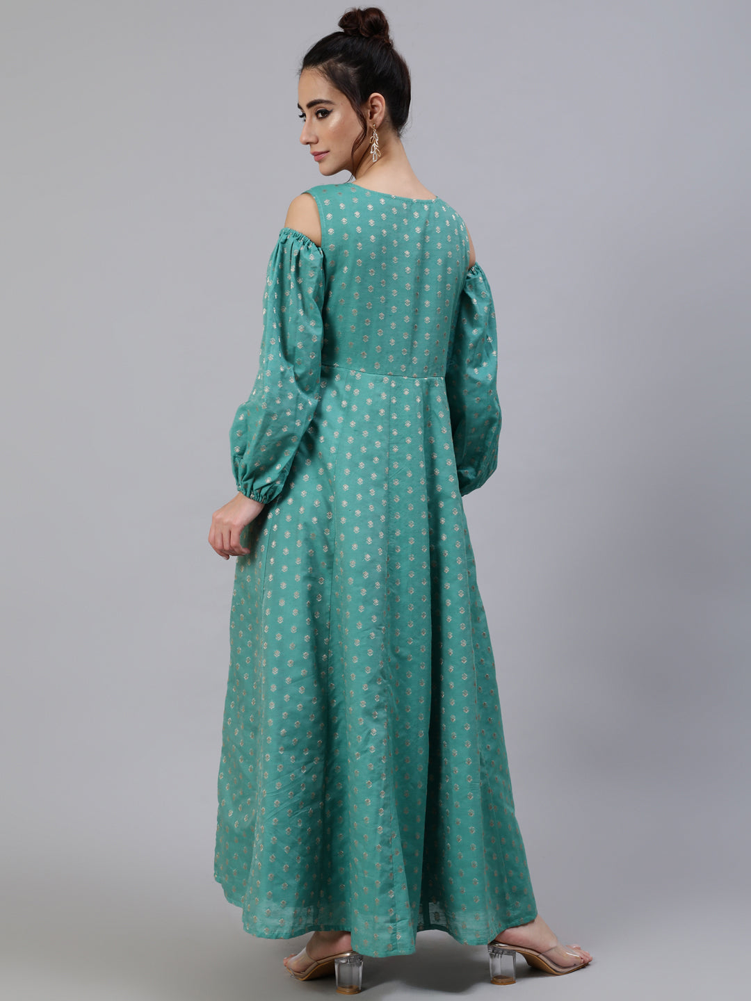 Green Embroidered Flared Maxi Dress