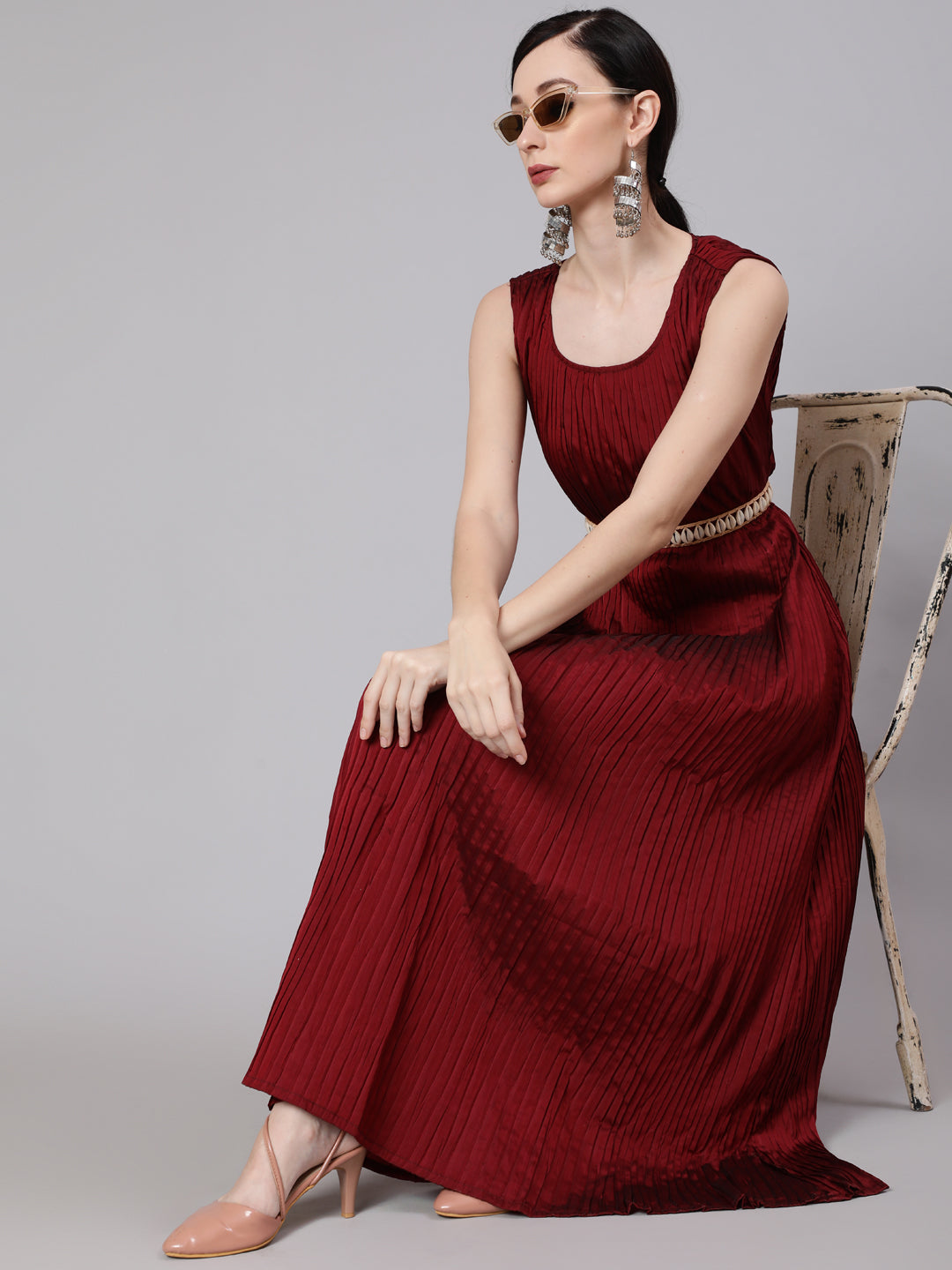 Maroon Pleated Maxi Dress