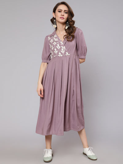 Mauve Embroidered Pleated Midi Dress