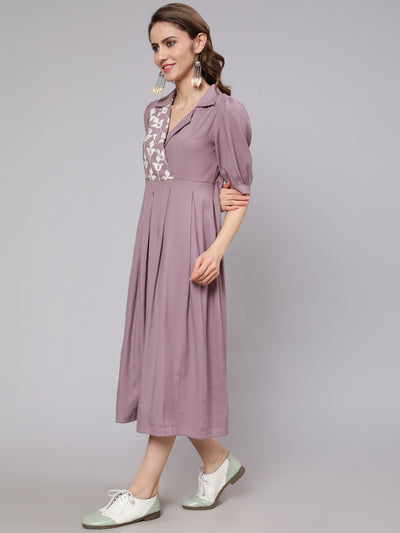 Mauve Embroidered Pleated Midi Dress