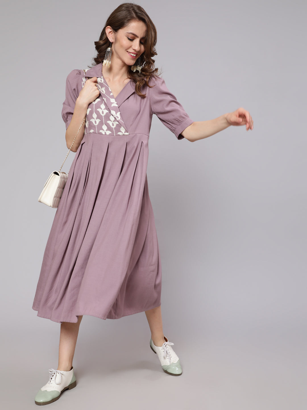 Mauve Embroidered Pleated Midi Dress