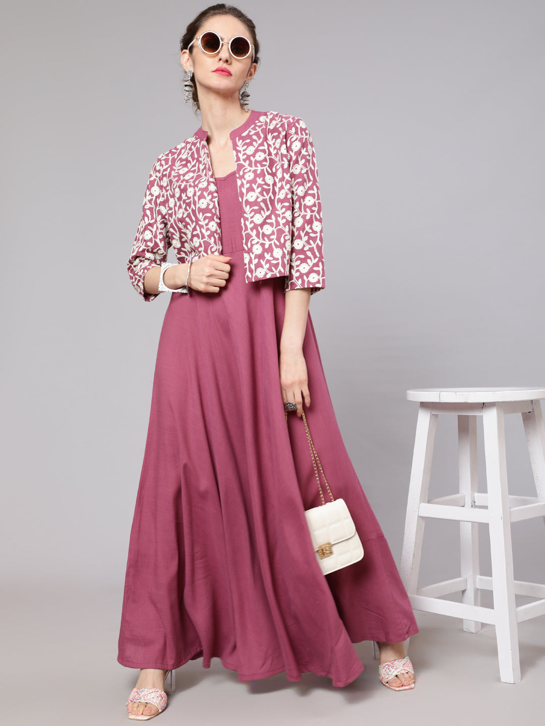 Purple Flared Maxi Dress With Embroidered Jacket