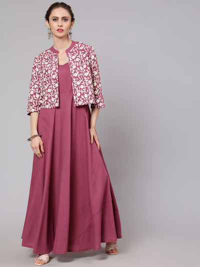 Purple Flared Maxi Dress With Embroidered Jacket
