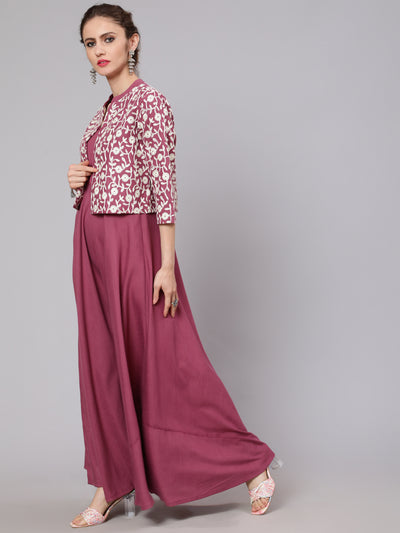 Purple Flared Maxi Dress With Embroidered Jacket