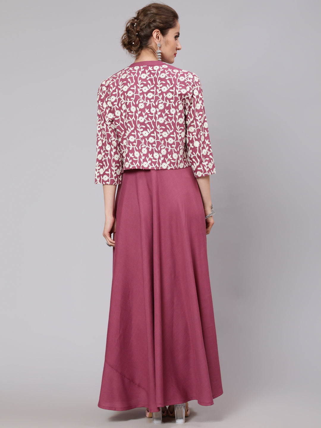 Purple Flared Maxi Dress With Embroidered Jacket