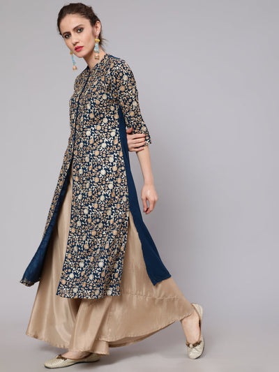 Blue Floral Embroidered Straight Kurta