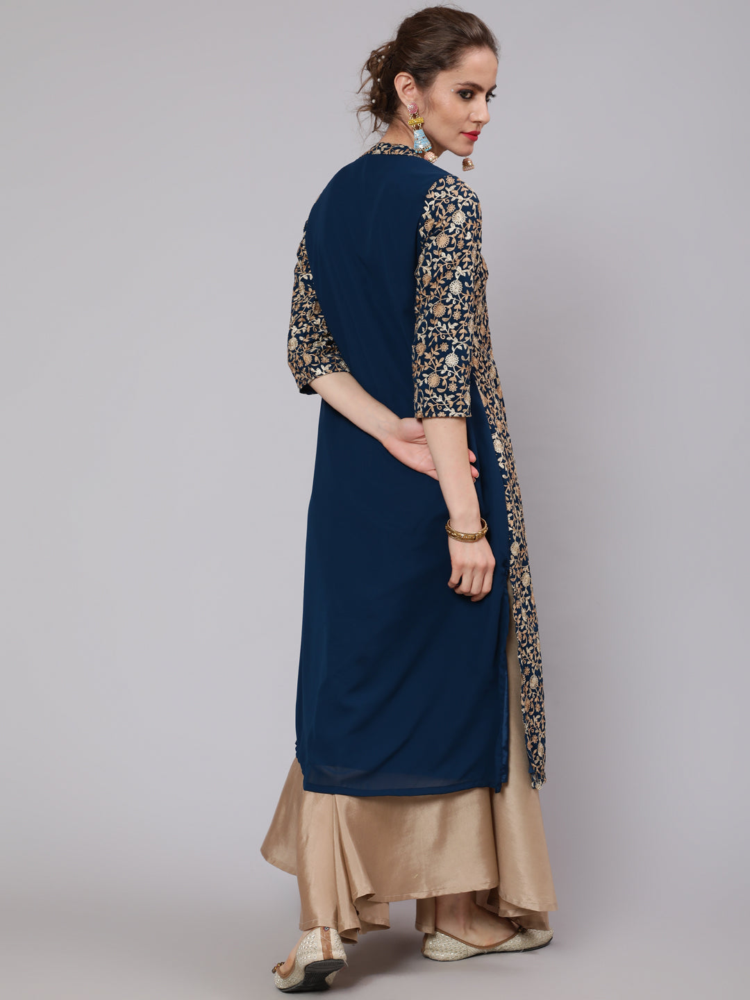 Blue Floral Embroidered Straight Kurta