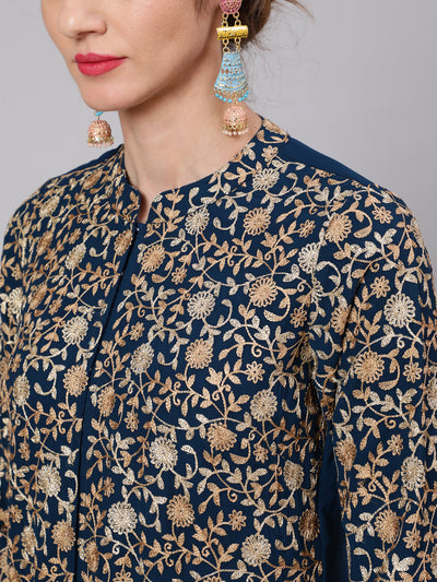 Blue Floral Embroidered Straight Kurta