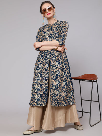 Blue Floral Embroidered Straight Kurta