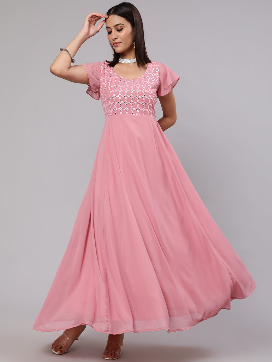 Pink Mirror Work Flared Maxi Dress