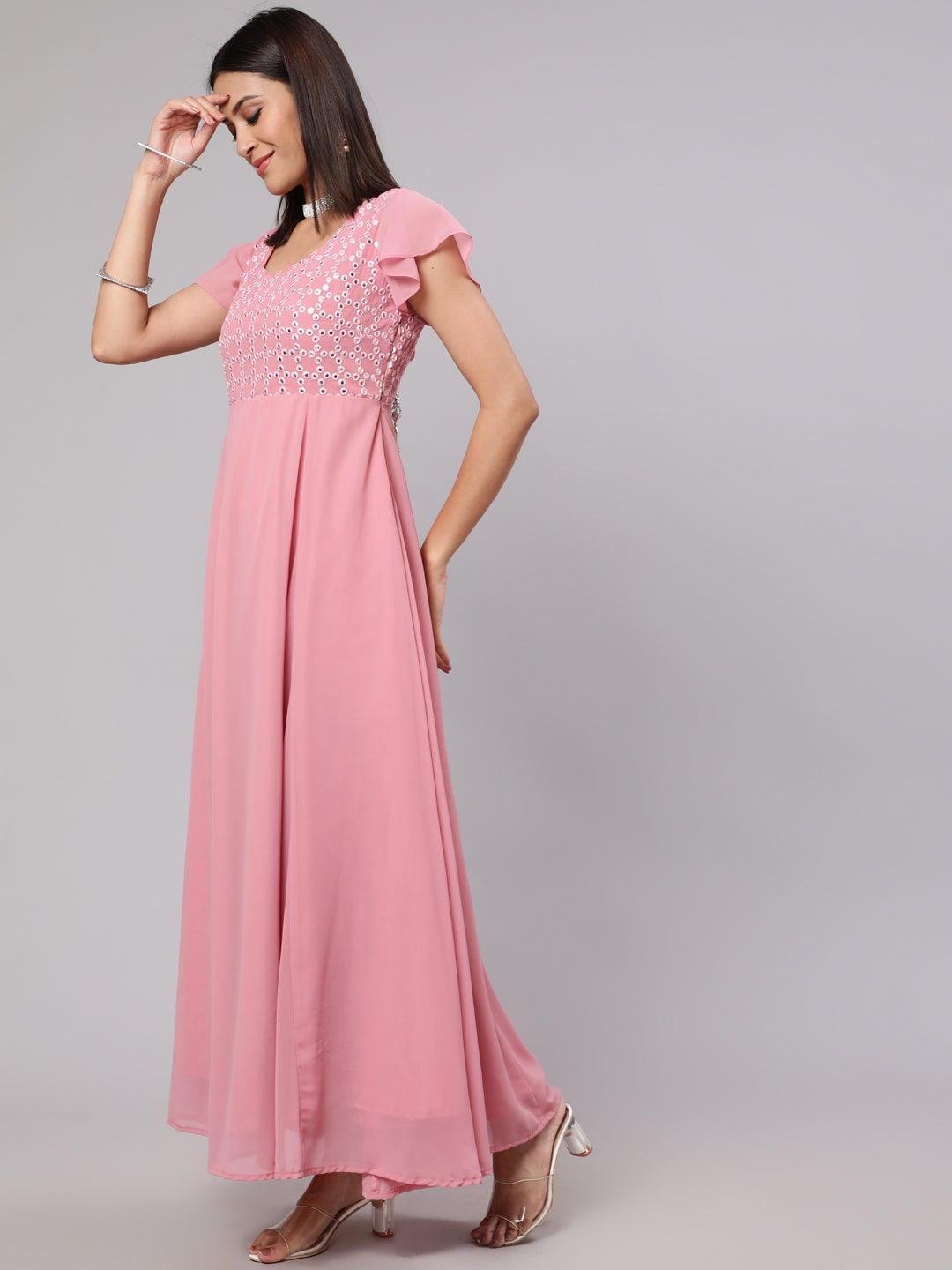 Pink Mirror Work Flared Maxi Dress