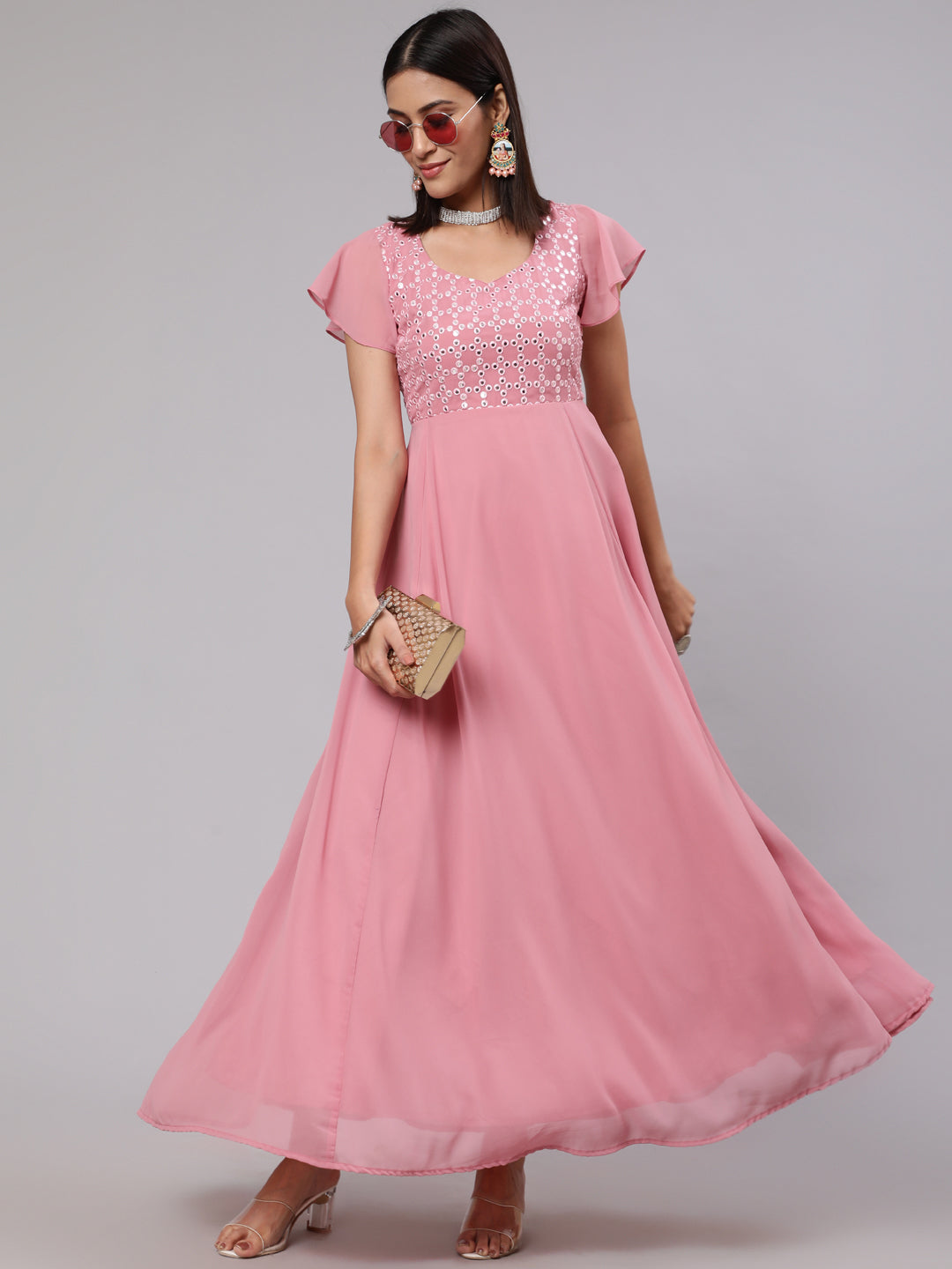 Pink Mirror Work Flared Maxi Dress