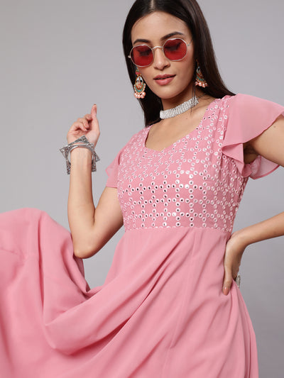 Pink Mirror Work Flared Maxi Dress