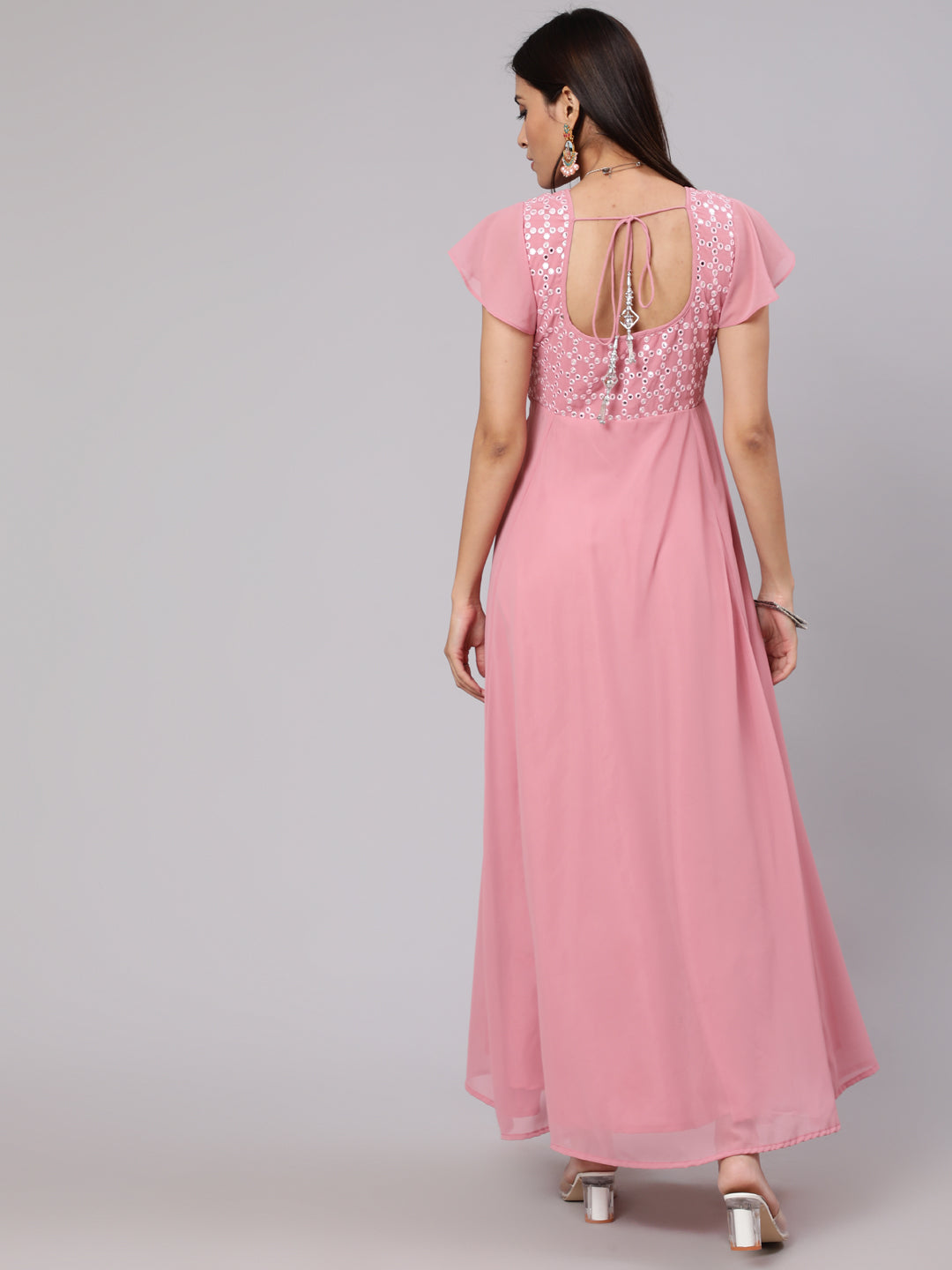 Pink Mirror Work Flared Maxi Dress