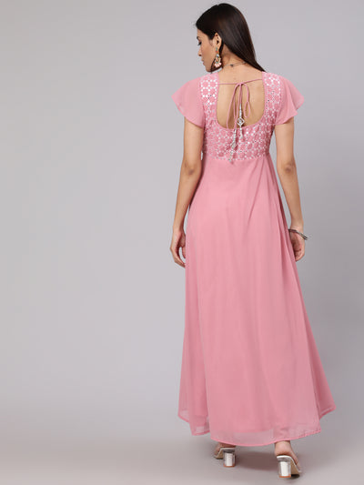 Pink Mirror Work Flared Maxi Dress