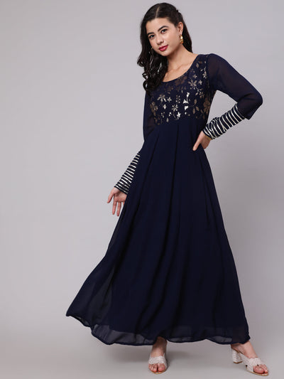 Navy Blue Sequined Box Pleated Maxi Dress