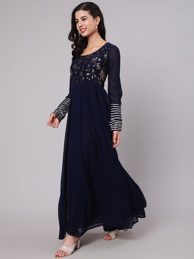 Navy Blue Sequined Box Pleated Maxi Dress