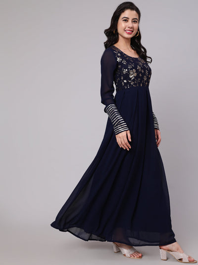 Navy Blue Sequined Box Pleated Maxi Dress