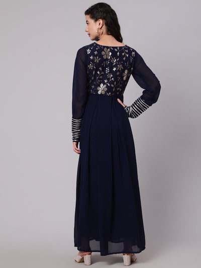 Navy Blue Sequined Box Pleated Maxi Dress
