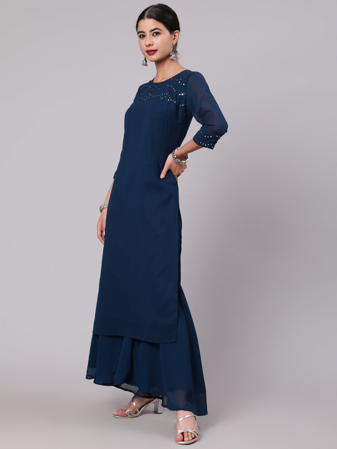 Blue Mirror Work Straight Kurta