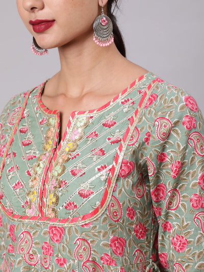 Pastel Green Floral Print Anakali With Lace Work