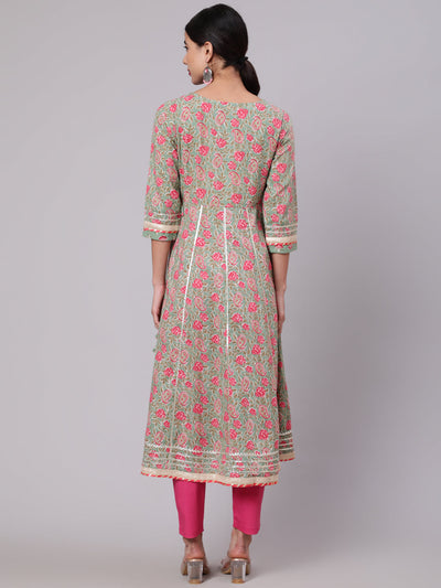 Pastel Green Floral Print Anakali With Lace Work