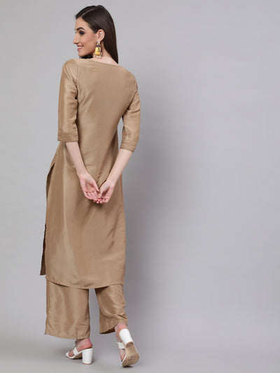 Beige Yoke Sequin Straight Kurta