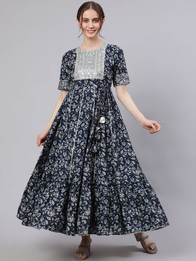 Navy Blue Floral Printed Maxi Dress