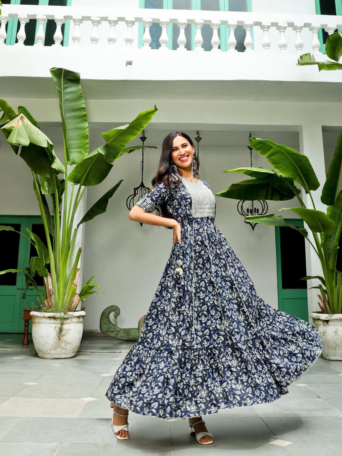 Navy Blue Floral Printed Maxi Dress