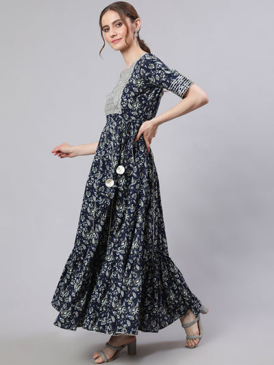 Navy Blue Floral Printed Maxi Dress