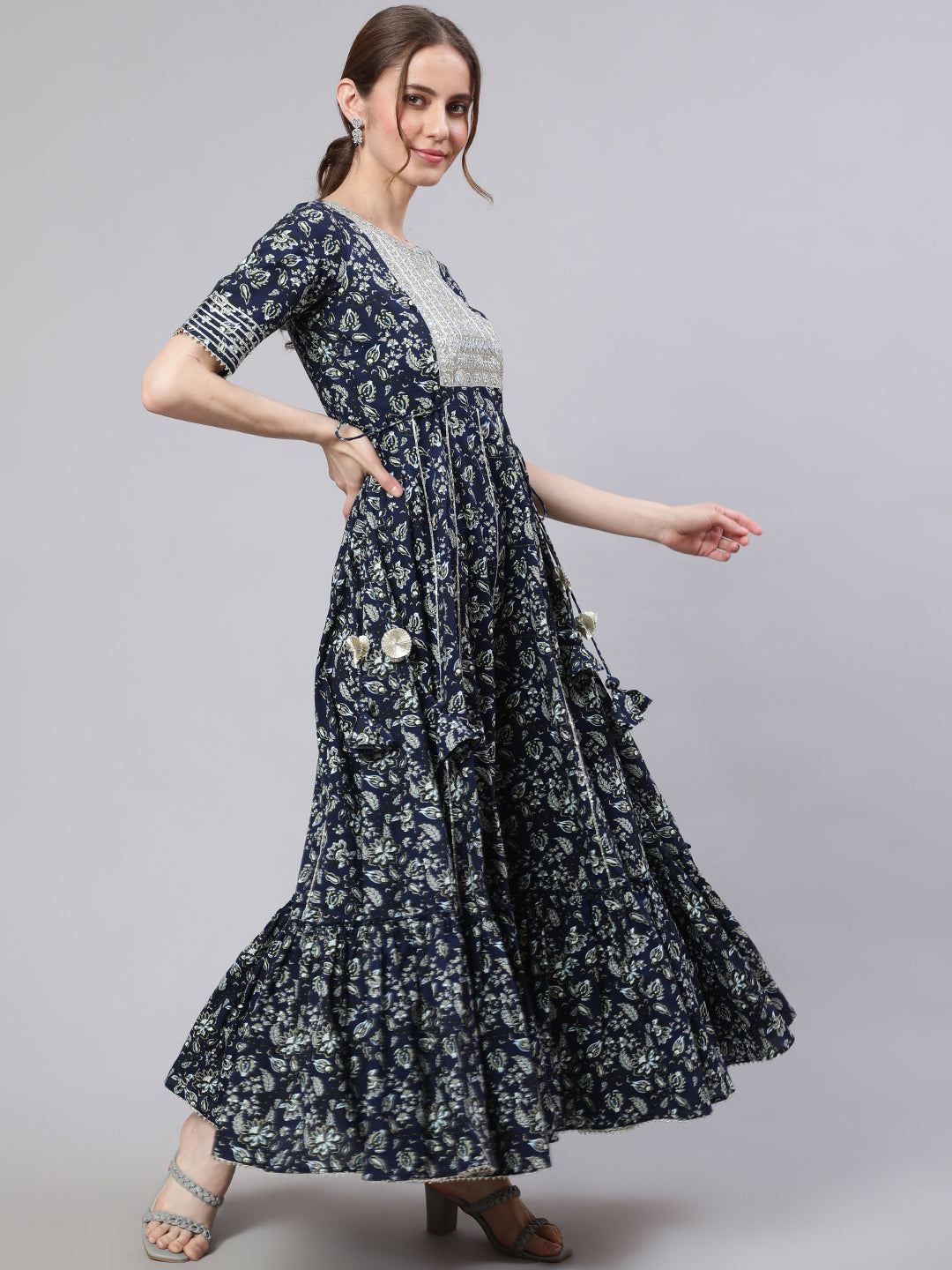 Navy Blue Floral Printed Maxi Dress